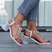 Flowers Sandals with Transparent High Square Heels