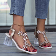 Flowers Sandals with Transparent High Square Heels