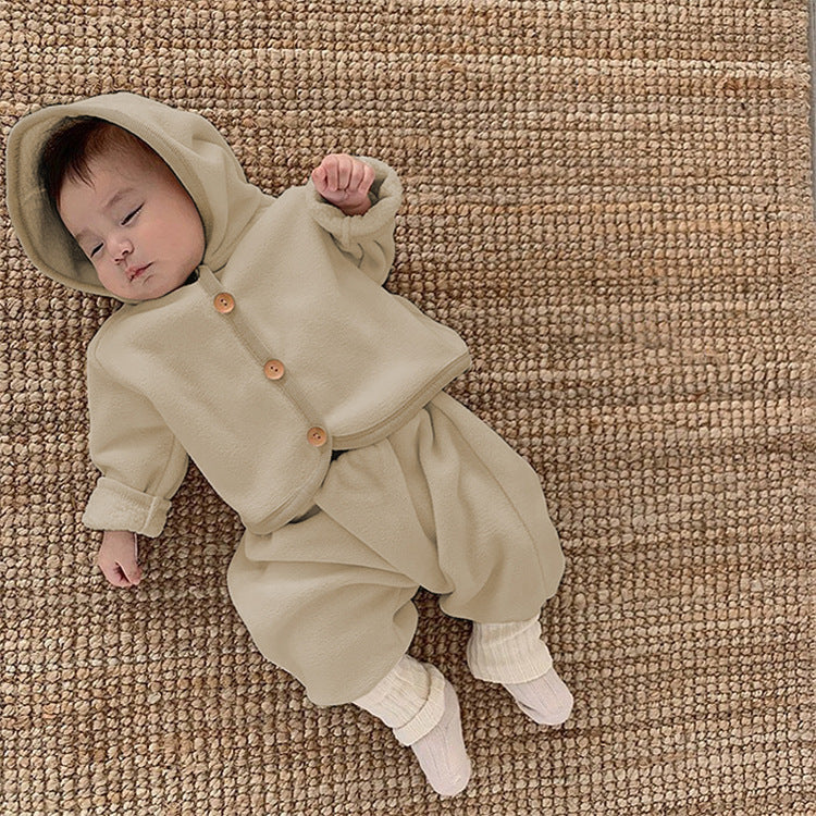 Fur Lining Infant Suit Hoodies Coat Full Length Pants 2 Pcs
