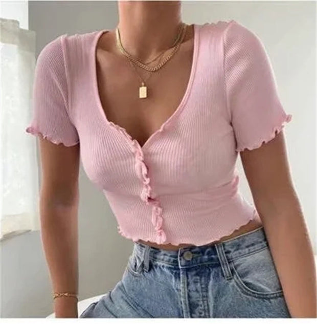 V Neck Ruffles Short Sleeve T Shirt