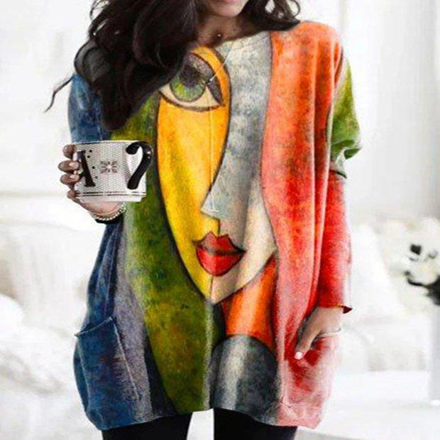 Multicolor Round Neck Abstract Long-Sleeved Tops