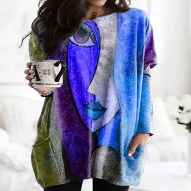 Multicolor Round Neck Abstract Long-Sleeved Tops