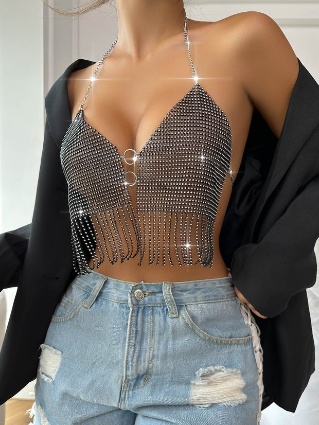 Women's Mesh Rhinestone Fishnet Slim Top