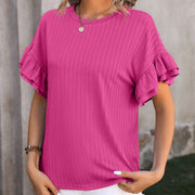 Women's Solid Color Round Neck Ruffled Short Sleeves