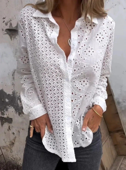 Women's Shirt Hollow Printed Loose Button Mesh Top