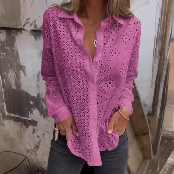 Women's Shirt Hollow Printed Loose Button Mesh Top