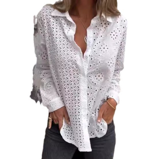 Women's Shirt Hollow Printed Loose Button Mesh Top