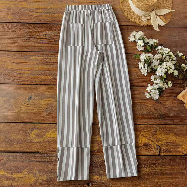 Women's Casual Striped Trousers With Decorative Buttons