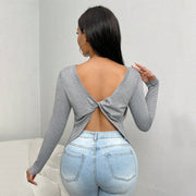 Women's Backless Round Neck Long-sleeved T-shirt Top