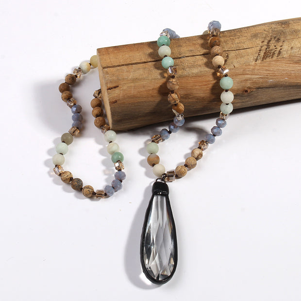 Popular Fashion Bohemian Style Natural Semi-precious Stone Glass Knotted Necklace