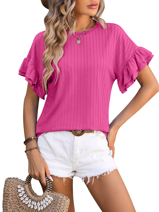 Women's Solid Color Round Neck Ruffled Short Sleeves