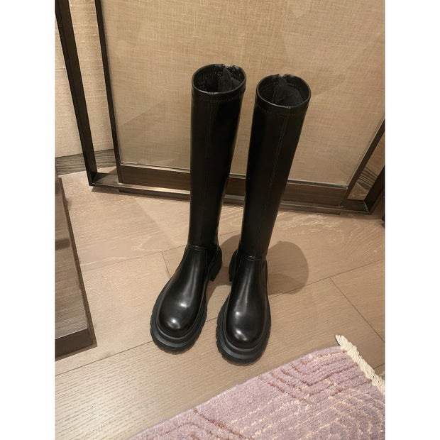 Cowhide Version Platform Knee-high Boots Women's Small Elastic